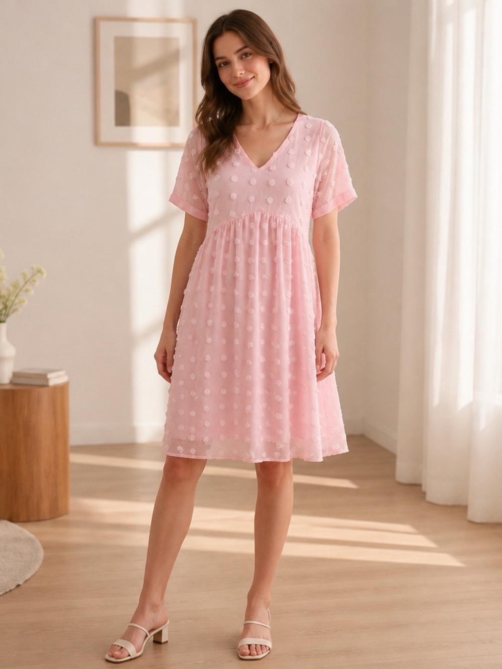 Kirundo Pink Swiss Dot Babydoll Dress Size Small Sheer Overlay